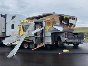 A photo of the damage done to a camper by a semi truck about 20 kilometres west of Maple Creek on Sunday, June 23.