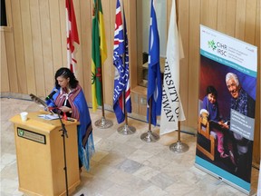 Carrie Bourassa, Scientific Director of the Institute of Indigenous Peoples' Health, speaks at the announcement of a new five-year plan for Indigenous health research across Canada at the University of Saskatchewan in Saskatoon, SK on June 27, 2019.