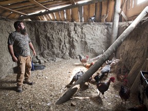 Brian Pearl in his underground chicken coop designed for temperature control and draft prevention.