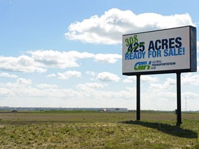 An electronic sign advertises land available for purchase at the Global Transportation Hub west of Regina.