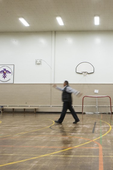 The Peacekeeper cadets take part in drill lead by Saskatoon Police Constable Marc Belanger, left, at Princess Alexandra Community School in Saskatoon