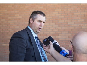 Crown prosecutor Cory Bliss speaks to media outside the Provincial Courthouse after the first appearance of Gregory Mitchell Fertuck, who is accused of first degree murder in the death of Sheree Fertuck in Saskatoon, SK on Wednesday, June 26, 2019.