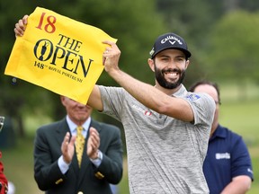 Jun 9, 2019; Hamilton, Ontario, CAN; Adam Hadwin poses with a flag from the Open after finishing sixth at the 2019 RBC Canadian Open golf tournament at Hamilton Golf & Country Club. Hadwin earns an entry to the Open with the finish. Mandatory Credit: Eric Bolte-USA TODAY Sports