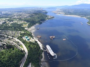 A aerial view of the Trans Mountain marine terminal, in Burnaby, B.C., is shown on May 29, 2018.