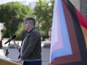 Pride Centre co-ordinator Jory McKay speaks during a Pride flag-raising and special announcement of a queer housing program at the University of Saskatchewan on Monday, June 17, 2019.