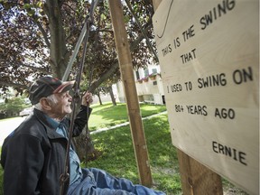 Ernie Janson sits on a swing he restored from the old one room schoolhouse that he remembers playing with  when he was 5 years old, at his home in Saskatoon, SK on Tuesday, July 2, 2019. Janson believes his father played on the swing as a child as well.