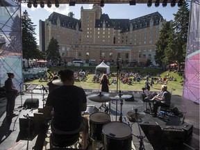 SASKATOON,SK--JUNE 26/2019-0627 news jazz fest backstage- Musician Kim Salkeld and band performing with the Gillian Snider quintet on the main stage at the Jazz Festival in the Bessborough Gardens in Saskatoon, SK on Wednesday, June 26, 2019.
