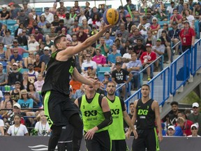 Team Liman Aleksandar Ratkov takes a shot against Team Novi Sad in the final game of the FIBA 3x3 World Tour Saskatoon Masters in Saskatoon, SK on Sunday, July 22, 2018. Team Novi Sad defeated Team Liman.