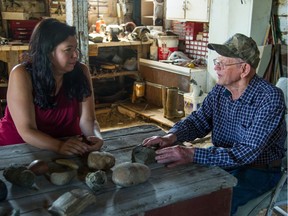 Tasha Hubbard (left), is seen here speaking with her grandfather in documentary film she directed called nîpawistamâsowin: We Will Stand Up, about Colten Boushie's death and systemic racism in Canada.