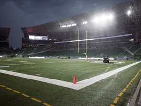 REGINA, SASK : July 1, 2019 -- A rain delay at Mosaic Stadium in a game between the Saskatchewan Roughriders and Toronto Argonauts in Regina. TROY FLEECE / Regina Leader-Post
