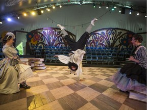 SASKATOON,SK--JULY 02/2019-0704 U Shakespeare on the Sask- Jacqueline Block performing as Celia, left to right, Kenn McLeod performing as Touchstone, and Kate Herriot playing Rosalind in a media performance of As You Like It for the Shakespeare on the Saskatchewan in Saskatoon, SK on Tuesday, July 2, 2019.