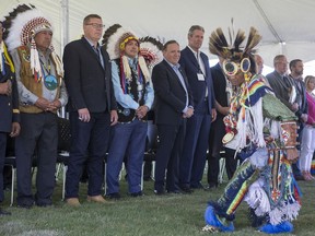 Big River First Nation Chief Bruce Morin, left to right,  Saskatchewan Premier Scott Moe, Assembly of First Nations National Chief Perry Bellegarde, Quebec Premier Francois Legault and Manitoba Premier Brian Palliste during a welcoming event at the Sgt. Darby Morin Centre in Big River on July 9, 2019.