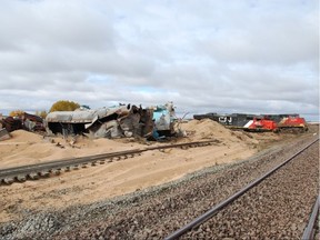 The site of a September 2018 grain car derailment near Landis, Sask. Transportation Safety Board of Canada provided photo. Uploaded July 11, 2019.