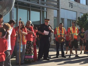 Supt. Randy Huisman speaks to the participants in the walk for Ashley Morin. Photo uploaded July 12, 2019. Thia James/Saskatoon StarPhoenix