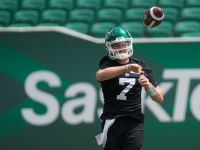 Saskatchewan Roughriders quarterback Cody Fajardo, shown during Tuesday's practice, is to make his fourth consecutive CFL start Saturday against the visiting B.C. Lions.