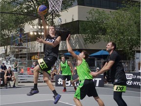 Strahinja Stojacic of team Vrbas leaps for a shot during the FIBA 3x3 World Tour Saskatoon Masters 2019 in Saskatoon on July 20, 2019.