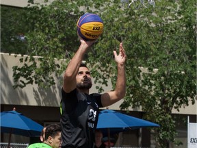 Mensud Julevic of team Kranj jumps into the air for a shot during the FIBA 3x3 World Tour Saskatoon Masters 2019 in their game against Liman on Saturday, July 20.