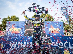 Alex Tagliani celebrates after capturing the 2019 NASCAR Pinty's Toronto Grand Prix. (Matthew Manor/NASCAR)