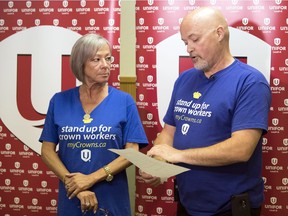 Unifor S-2 (northern) president Penny Matheson, left, and Unifor S-1 (southern) president Dave Kuntz announce SaskTel employees have given their bargaining committee a positive strike mandate.