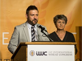 SASKATOON,SK--July 23/2019-*0724 news ag funding  - USask wheat breeder Curtis Pozniak and Agriculture and Agri-Food Canada (AAFC) molecular geneticist Sylvie Cloutier speak at the first International Wheat Congress.  Pozniak and Cloutier are recipients of part of the $24.2 million investment in agricultural research in Saskatoon, SK on Tuesday, July 23, 2019.