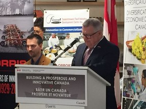 Public Safety and Emergency Preparedness Minister Ralph Goodale announces $21 million in funding for 17 projects. Jordan Boesch (left) received $3 million in funding for 7Shifts, the company he founded in Saskatoon. (Thia James / Saskatoon StarPhoenix)