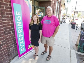 Nutrien Fringe Theatre Festival executive director Anita Smith and volunteer Rick Cranston stand outside of their office on Broadway in Saskatoon, SK on Monday, July 29, 2019.