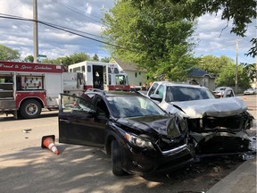 Two of the vehicles involved in a four-vehicle collision Tuesday, July 30, 2019 at the intersection of Avenue F South and 19th Street West. Photo provided by the Saskatoon Police Service.