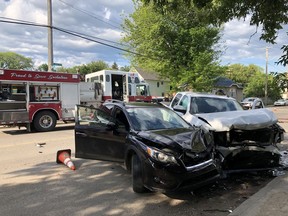 Two of the vehicles involved in a four-vehicle collision Tuesday, July 30, 2019 at the intersection of Avenue F South and 19th Street West. Photo provided by the Saskatoon Police Service.