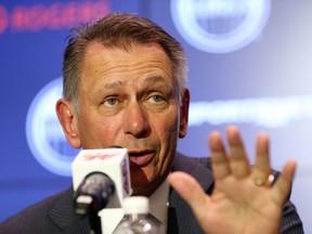 Ken Holland, the new general manager of the Edmonton Oilers, speaks during a press conference at Rogers Place in Edmonton on May 7, 2019.
