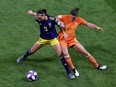 Sweden's midfielder Kosovare Asllani (L) vies for the ball with Netherlands' midfielder Sherida Spitse during the France 2019 Women's World Cup semi-final football match between the Netherlands and Sweden, on July 3, 2019, at the Lyon Stadium in Decines-Charpieu, central-eastern France.