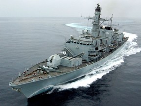 An October 2005 handout photo released in London on July 11, 2019, shows the British Royal Navy's HMS Montrose, a Type 23 Frigate, performing turns during excercise "Marstrike 05", off the coast of Oman. - Britain said on July 11, 2019, that Iranian military vessels tried to "impede the passage" of UK oil tanker "British Heritage", but were warned off by British warship HMS Montose in a dramatic escalation of tensions with Tehran in the Gulf. The incident in the narrow but busy Strait of Hormuz occurred on Wednesday after President Donald Trump ratched up his own administration's pressure even further by warning that sanctions against the Islamic Republic would be "increased substantially" soon.