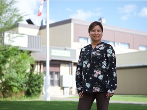 CeCe Baptiste, photographed outside St. Frances Cree Bilingual School in Saskatoon, is working to help establish a new Cree bilingual school in Saskatoon. Photo taken July 17, 2019.