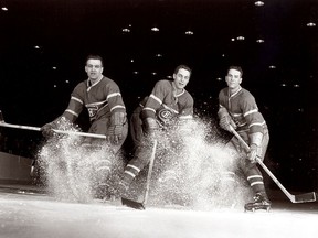 The late Bert Olmstead (right), pictured with linemates Bernie Geoffrion (left) and Jean Beliveau (centre), will be inducted into the Saskatchewan Hockey Hall of Fame on Saturday.