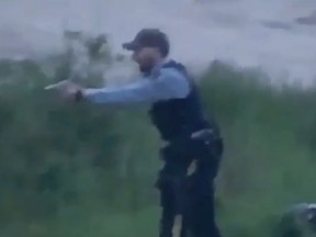 A screen capture taken from a video shared via Facebook by Lorraine Sewap shows an RCMP officer making an arrest in Pelican Narrows, Sask. in the early morning hours of June 30, 2019. RCMP on July 2 said a code of conduct investigation was initiated into the incident. (Lorraine Sewap/Facebook)