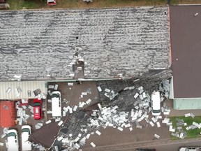 A screen shot of aerial footage of a business that had its roof torn off by a storm passing through Saskatoon on July 18, 2019.