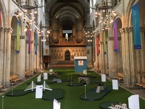 The Rochester Cathedral, an hour away from London, has added a mini gold course to try and attract younger crowds and families during the summer.