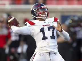 Montreal Alouettes quarterback Antonio Pipkin throws during preseason game against the Ottawa Redblacks in Montreal on June 6, 2019.