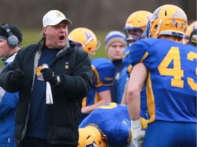 “We’ve been running the ball OK, but as soon as you start throwing the ball better, I guarantee we’ll start running the ball better too because teams are sort of jamming in and sort of committed to stopping the run,” says Saskatoon Hilltops' head coach Tom Sargeant, shown here in this file photo.