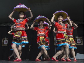 Dancers perform at the Chinese pavilion during Folk Fest at Prairieland Park in Saskatoon, SK on Wednesday, August 19, 2017.