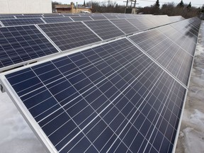 Solar panels on the roof of the Broadway Theatre.