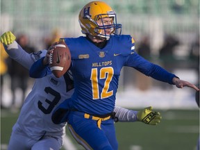 Hilltops quarterback Tyler Hermann goes to throw the ball during the Canadian Bowl championship at SMF Field in Saskatoon on Saturday, November 17, 2018.