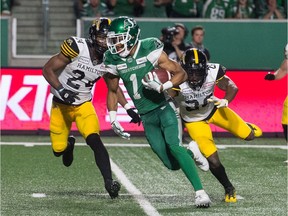 Shaq Evans (1), the Saskatchewan Roughriders' leading receiver suffered an ankle injury during Monday's practice
