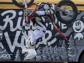 BESTPHOTO  SASKATOON,SK--AUGUST 0102019-0812 news ex motorcycle- Sam King  with Ride the Vibe motorcycle team performs a backflip at the Saskatoon Ex in Saskatoon, SK on Saturday, August 10, 2019.