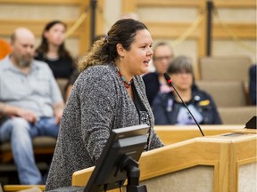 Jennifer Altenberg, president of the Pleasant Hill Community Association, speaks at a committee meeting in city council chambers in Saskatoon on Monday, Aug. 12, 2019.
