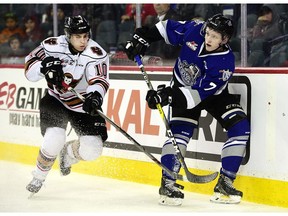 Scott Walford (right), shown in a 2017 game with the Victoria Rebels, is headed to the Saskatoon Blades after a Wednesday trade.  ORG XMIT: POS1701202247264704