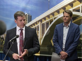 Saskatoon City Manager Jeff Jorgenson, left, and Mayor Charlie Clark reveal that the City of Saskatoon has been affected by a fraud scheme, at City Hall in Saskatoon, SK on Thursday, August 15, 2019. T