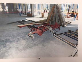 Court exhibit photo of collapsed Pilosio table cart that fatally crushed 21-year-old Eric Ndayishimiye on July 21, 2016. Ndayishimiye was working for Banff Constructors on the Jim Pattison Children's Hospital. His employer and Pilosio Canada Inc. are charged with infractions under the Occupational Health and Safety Act.