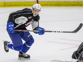 Scott Walford chases the play down the ice at the Saskatoon Blades' training camp in Saskatoon on Monday, August 26, 2019.