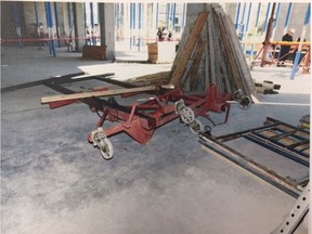 Court exhibit photo of collapsed Pilosio table cart that fatally crushed 21-year-old Eric Ndayishimiye on July 21, 2016. Ndayishimiye was working for Banff Constructors on the Jim Pattison Children's Hospital. His employer and Pilosio Canada Inc. are charged with infractions under the Occupational Health and Safety Act.