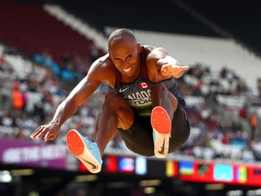 Decathlete Damian Warner of Canada competes in the Men's Decathlon Long Jump during day eight of the 16th IAAF World Athletics Championships London 2017 on Aug. 11, 2017 in London, England.
